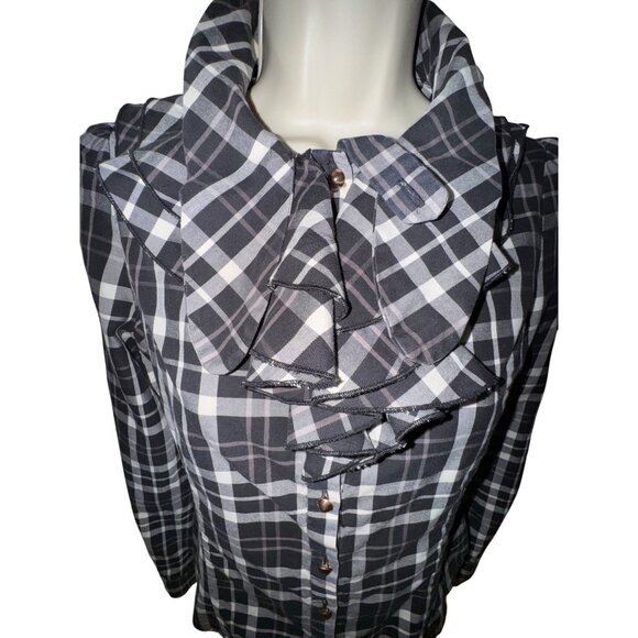 Ochirly Plaid Ruffled‎ Blouse Small Black/White Western Prairie Cottage Preppie - Picture 3 of 12